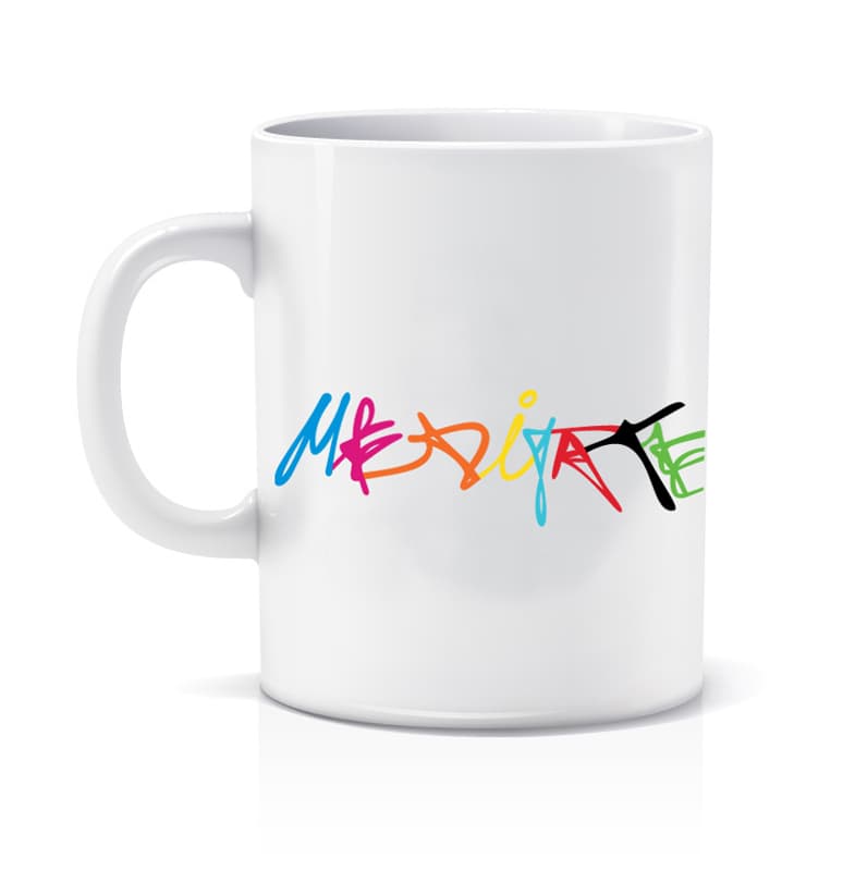 Ceramic Printed Coffee Mug Meditatecelebrate (White Backround Multi-colour words)